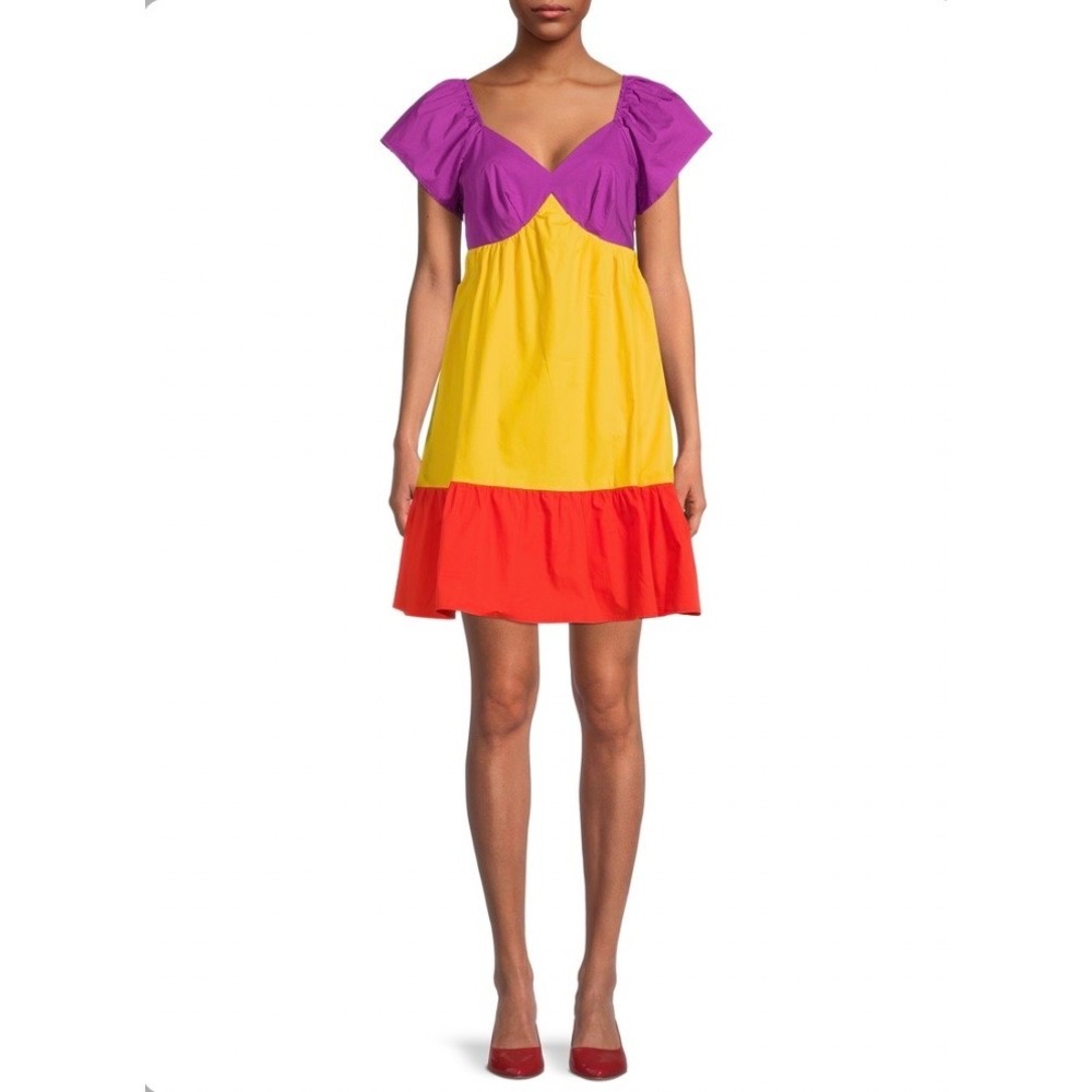 The Get Colorblock Tiered Cotton Midi Dress Puff Sleeves Maximalist Eclectic - S - Picture 1 of 7